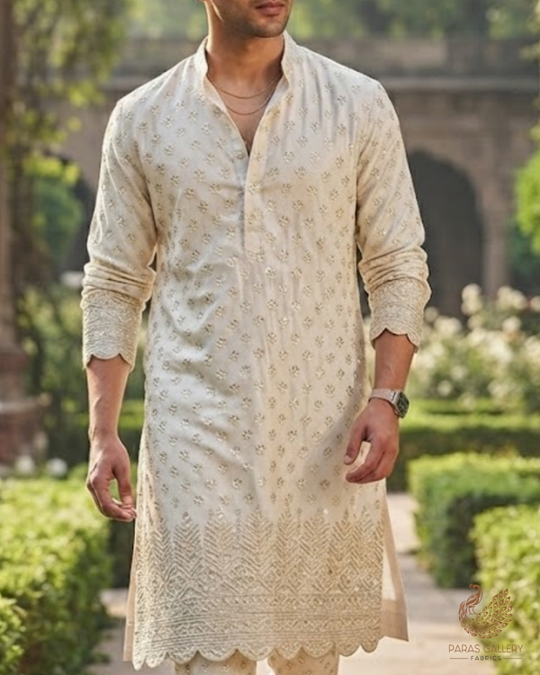 White Dupion Silk Fabric With All Over Sequins And Katdana Work With Border 26456