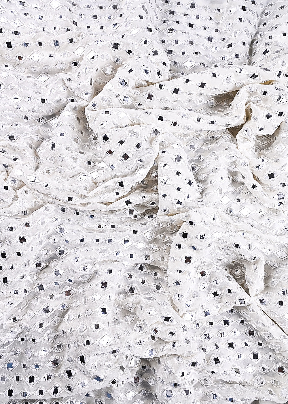 White Dyeable Georgette Fabric With All Over Faux Mirror And Thread Work 26458