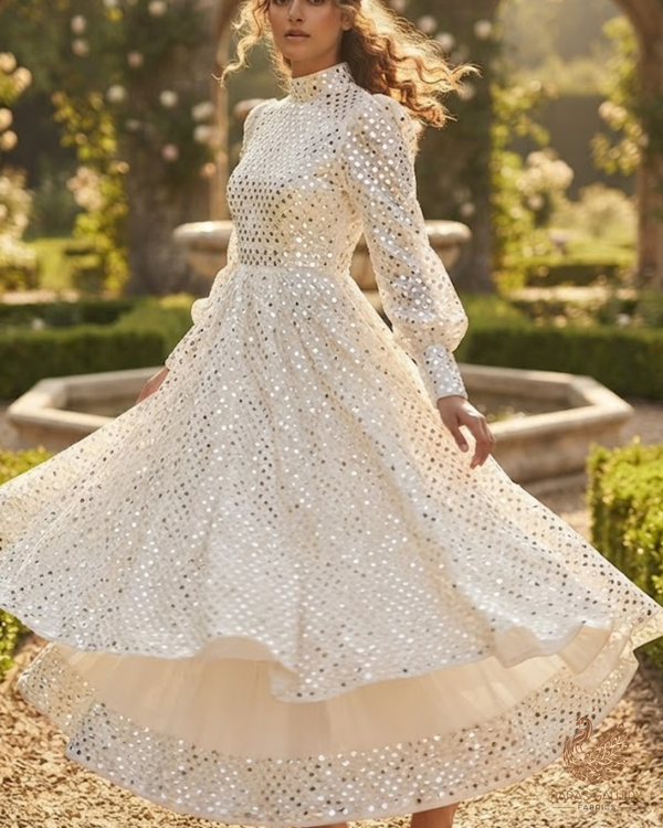 White Dyeable Georgette Fabric With All Over Faux Mirror And Thread Work 26458