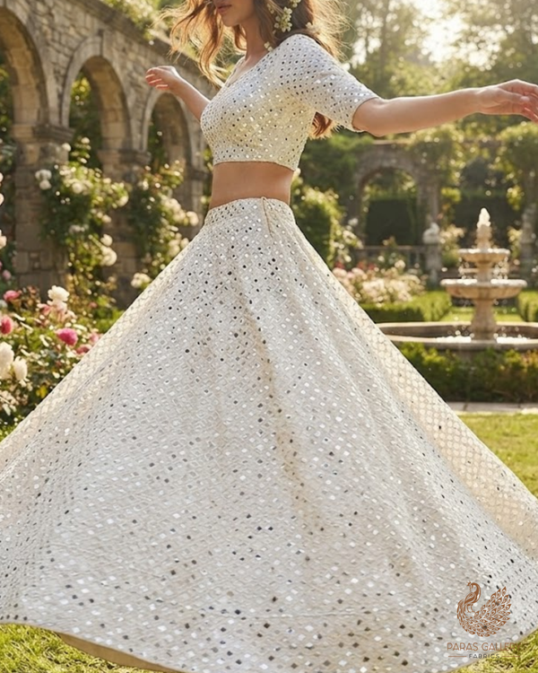 White Dyeable Georgette Fabric With All Over Faux Mirror And Thread Work 26458