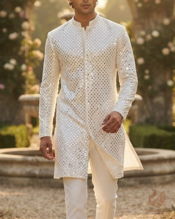 White Dyeable Georgette Fabric With All Over Faux Mirror And Thread Work 26458