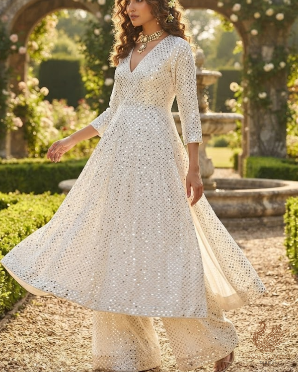 White Dyeable Georgette Fabric With All Over Faux Mirror And Thread Work 26458