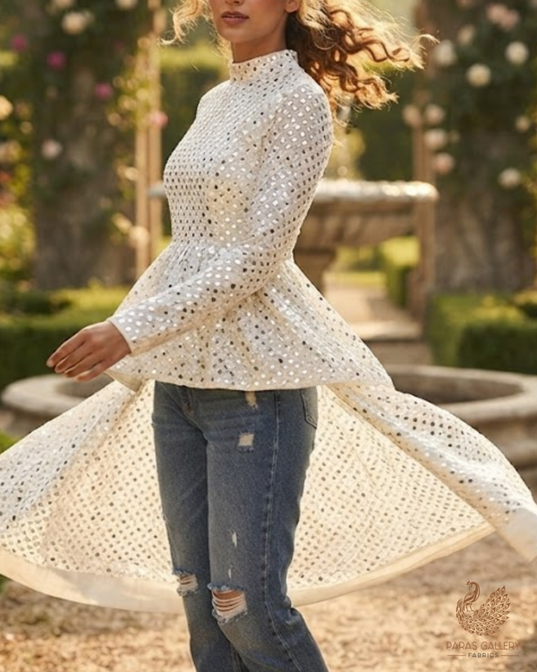 White Dyeable Georgette Fabric With All Over Faux Mirror And Thread Work 26458