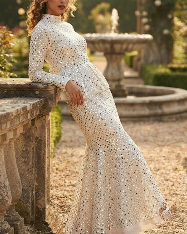 White Dyeable Georgette Fabric With All Over Faux Mirror And Thread Work 26458