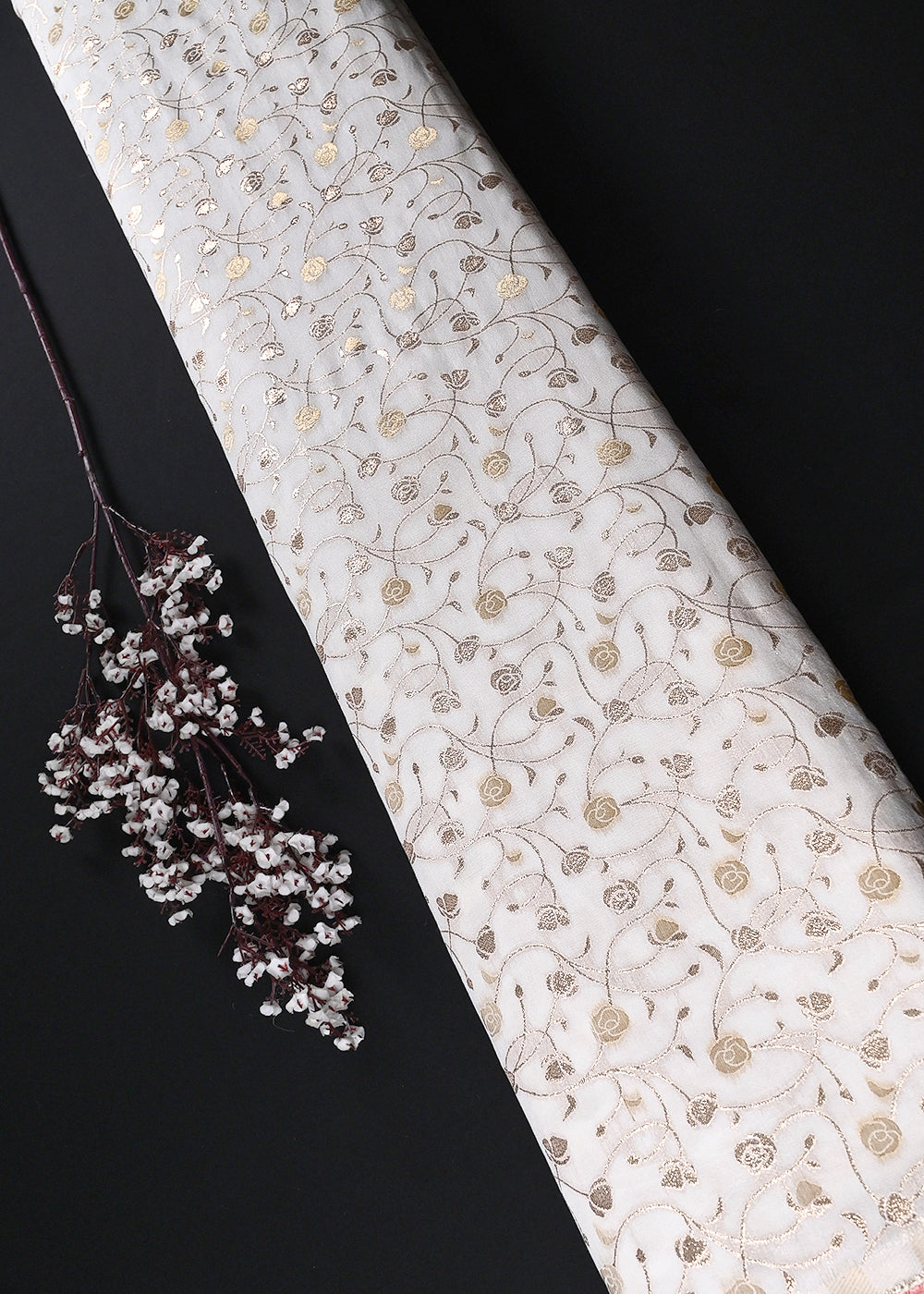 White Dyeable Chanderi Fabric With All Over Zari Handloom 26459