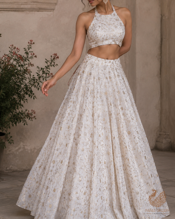 White Dyeable Chanderi Fabric With All Over Zari Handloom 26459
