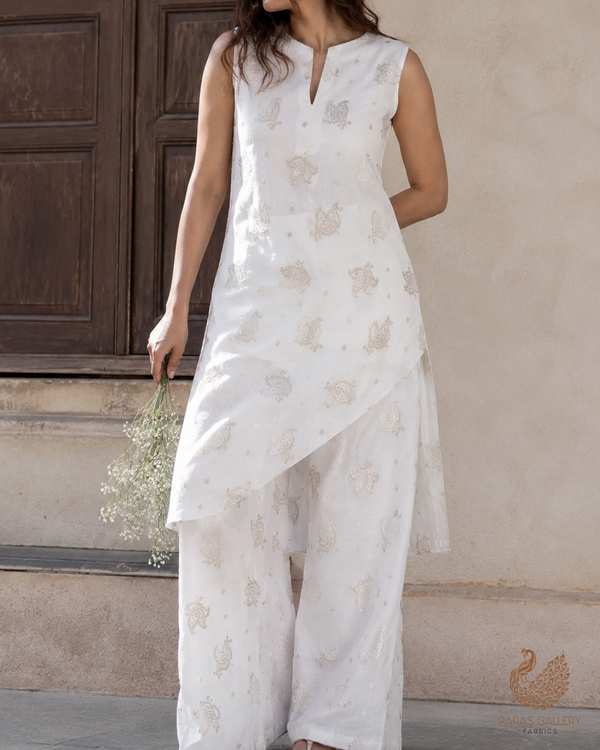 White Dyeable Chanderi Fabric With All Over Zari Handloom 26461