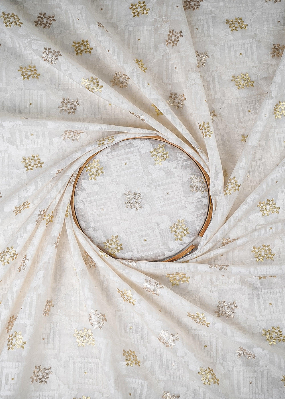 White Dyeable Chanderi Fabric With All Over Self Work And Zari Handloom 26467