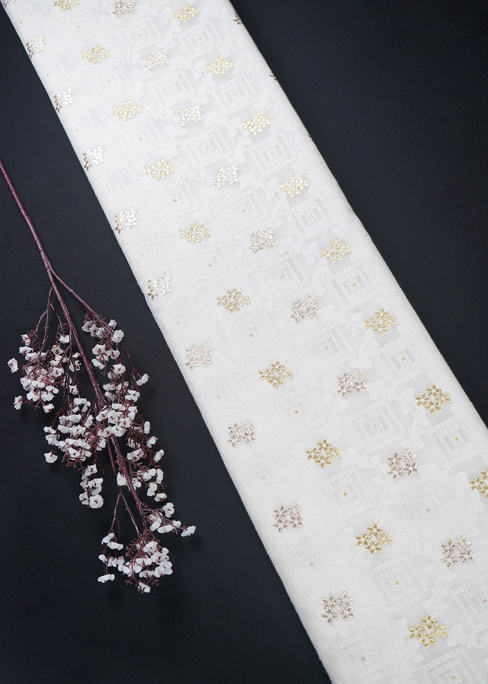 White Dyeable Chanderi Fabric With All Over Self Work And Zari Handloom 26467