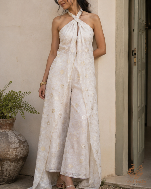 White Dyeable Chanderi Fabric With All Over Self Work And Zari Handloom 26467