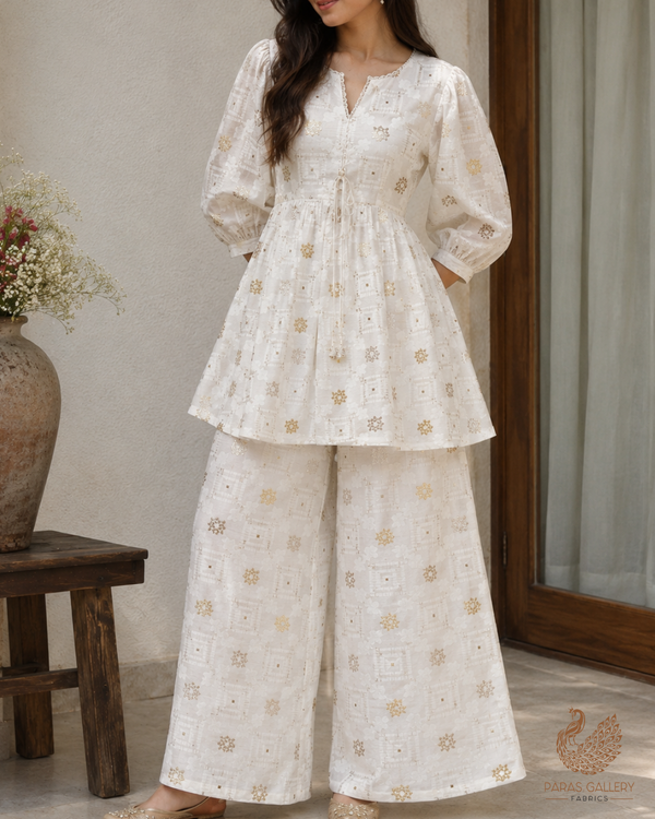 White Dyeable Chanderi Fabric With All Over Self Work And Zari Handloom 26467