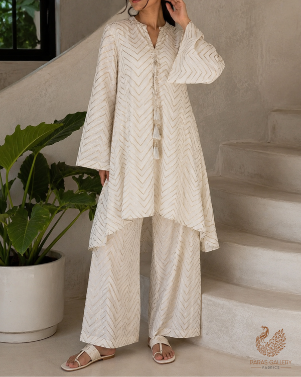 White Dyeable Chanderi Fabric With All Over Zari Handloom 26478