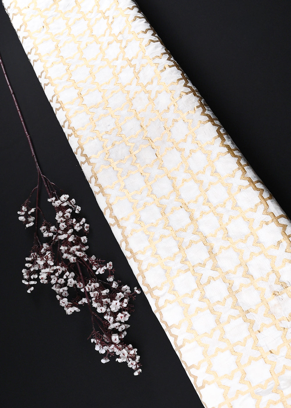 White Dyeable Silk Fabric With All Over Zari Handloom 26481
