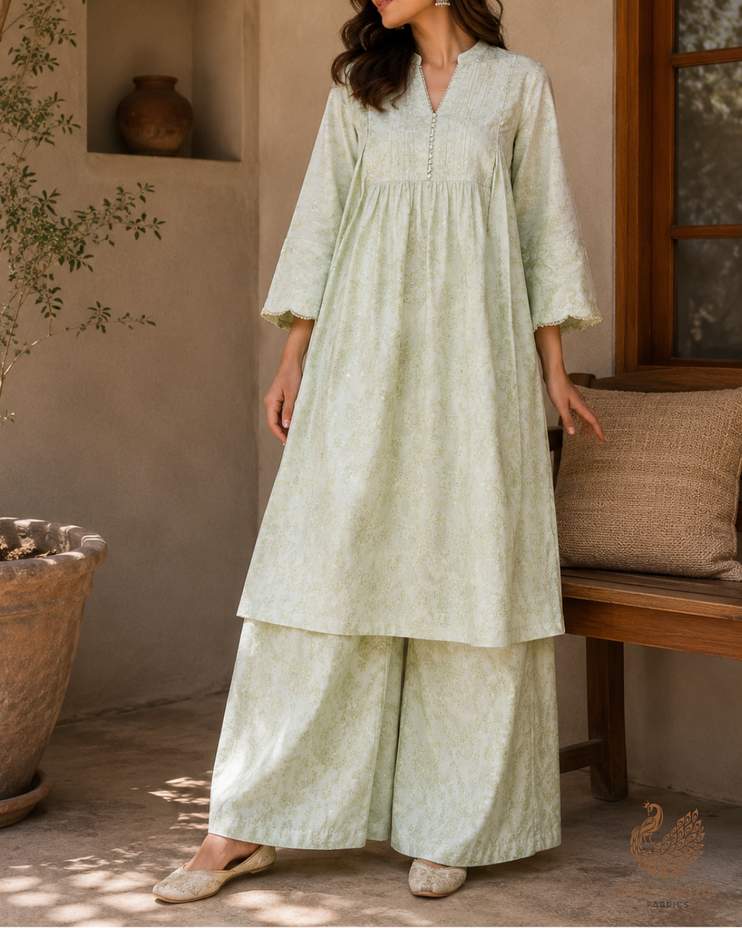 Pista Green Cotton Silk Fabric With All Over Thread And Zari Handloom 26485