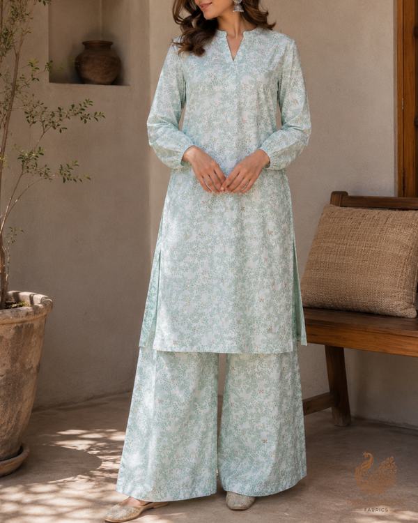 White Cotton Silk Fabric With All Over Mint Green Thread And Zari Handloom 26486