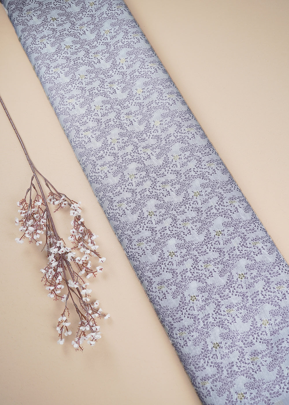 White Cotton Silk Fabric With All Over Light Purple Thread And Zari Handloom 26487