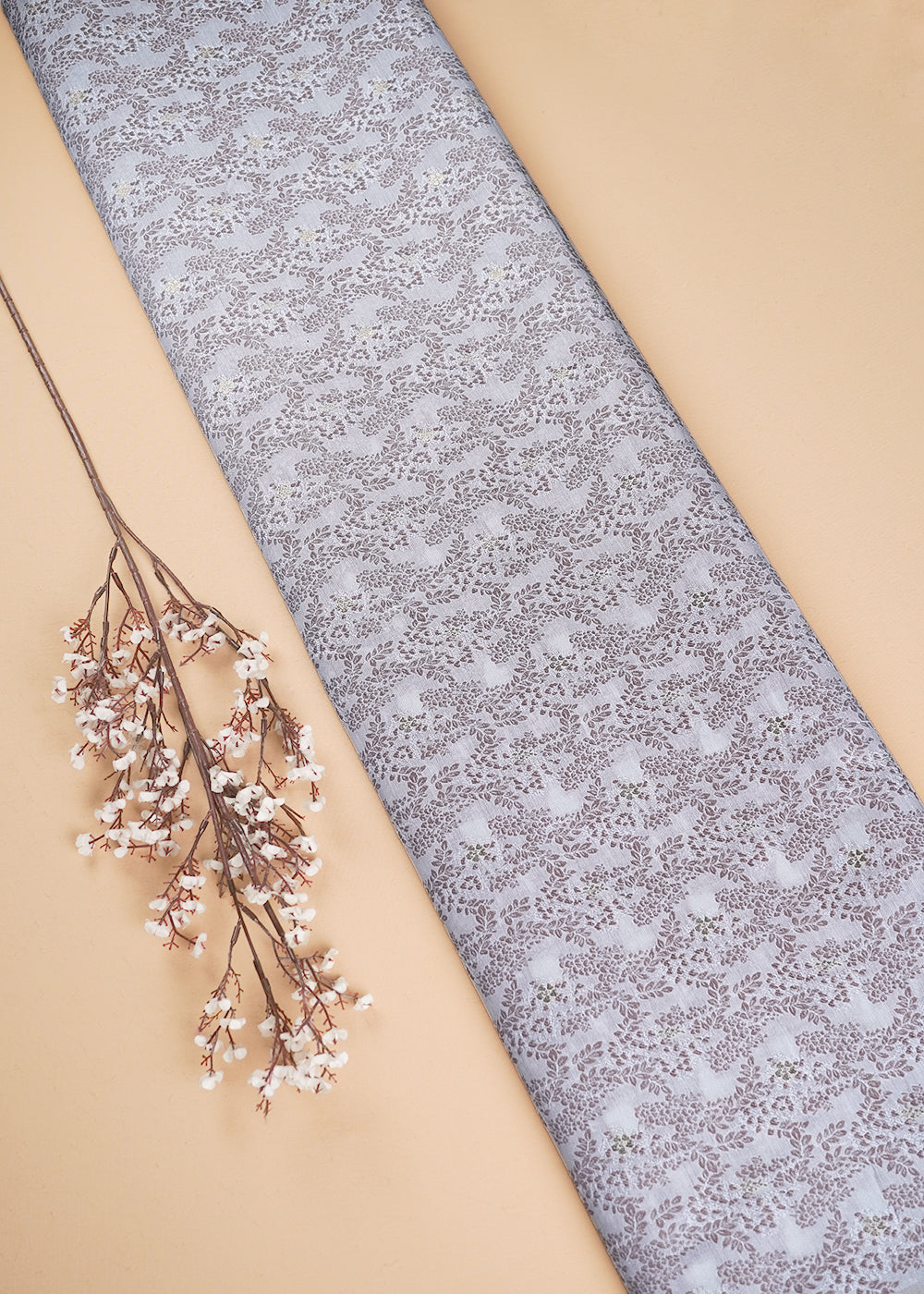 White Cotton Silk Fabric With All Over Mauve Thread And Zari Handloom 26488