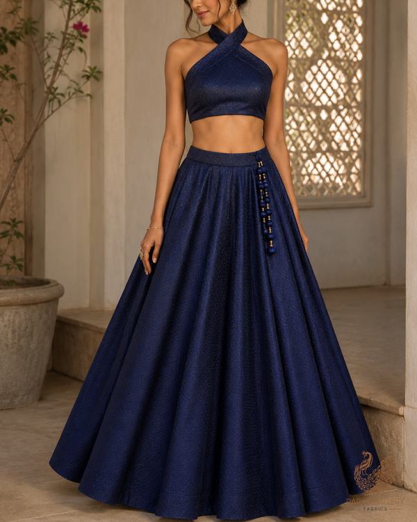 Navy Blue Dupion Silk Fabric With All Over Self Work 26490