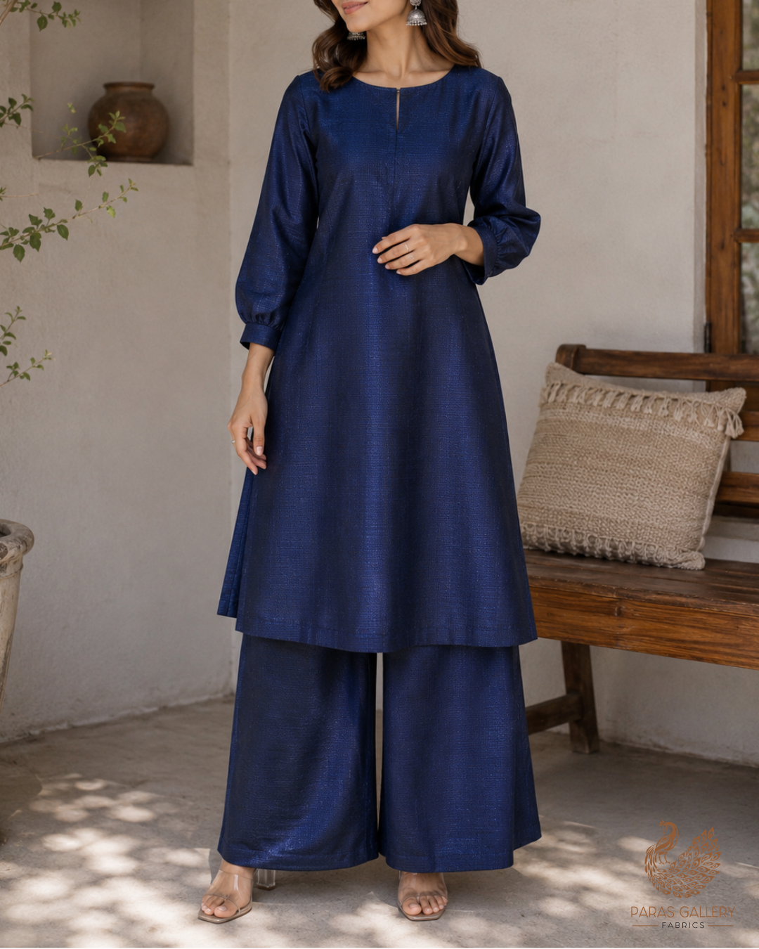 Navy Blue Dupion Silk Fabric With All Over Self Work 26490