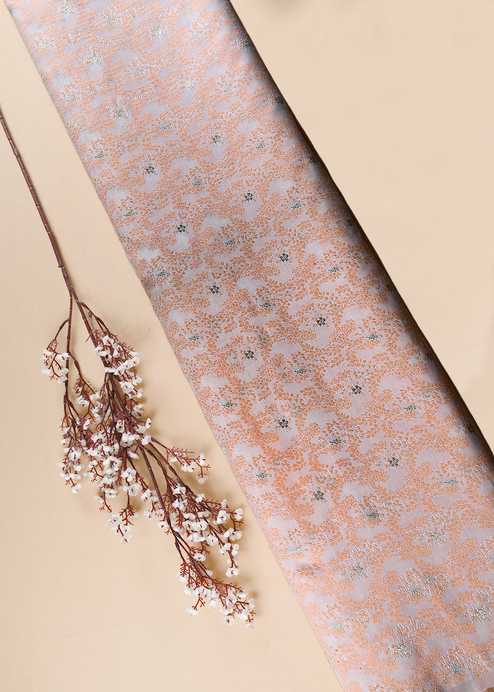 White Cotton Silk Fabric With All Ove Peach Thread And Zari Handloom 26491
