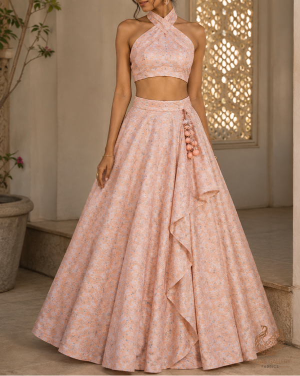 White Cotton Silk Fabric With All Ove Peach Thread And Zari Handloom 26491