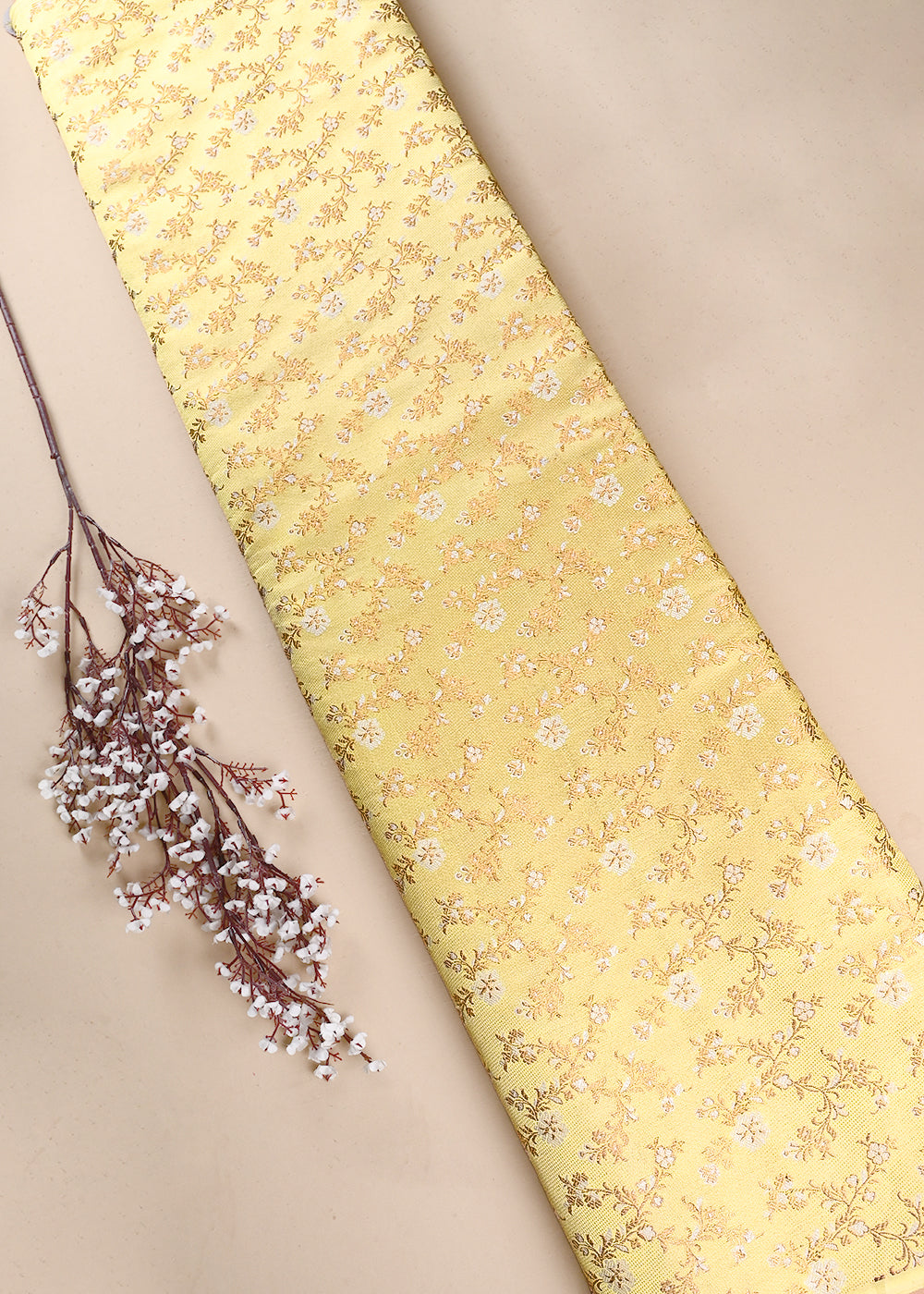 Golden Banarasi Brocade Fabric With All Over Thread And Zari Handloom 26492