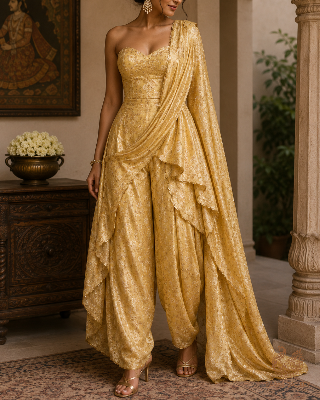 Golden Banarasi Brocade Fabric With All Over Thread And Zari Handloom 26492