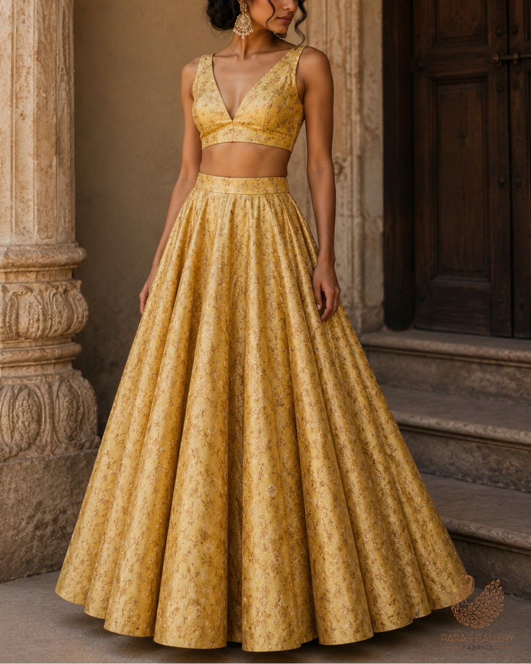 Golden Banarasi Brocade Fabric With All Over Thread And Zari Handloom 26492