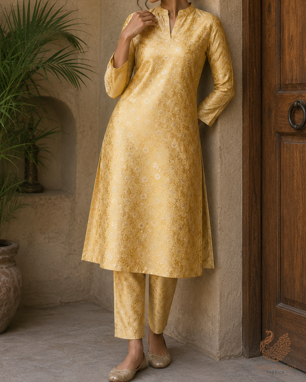 Golden Banarasi Brocade Fabric With All Over Thread And Zari Handloom 26492