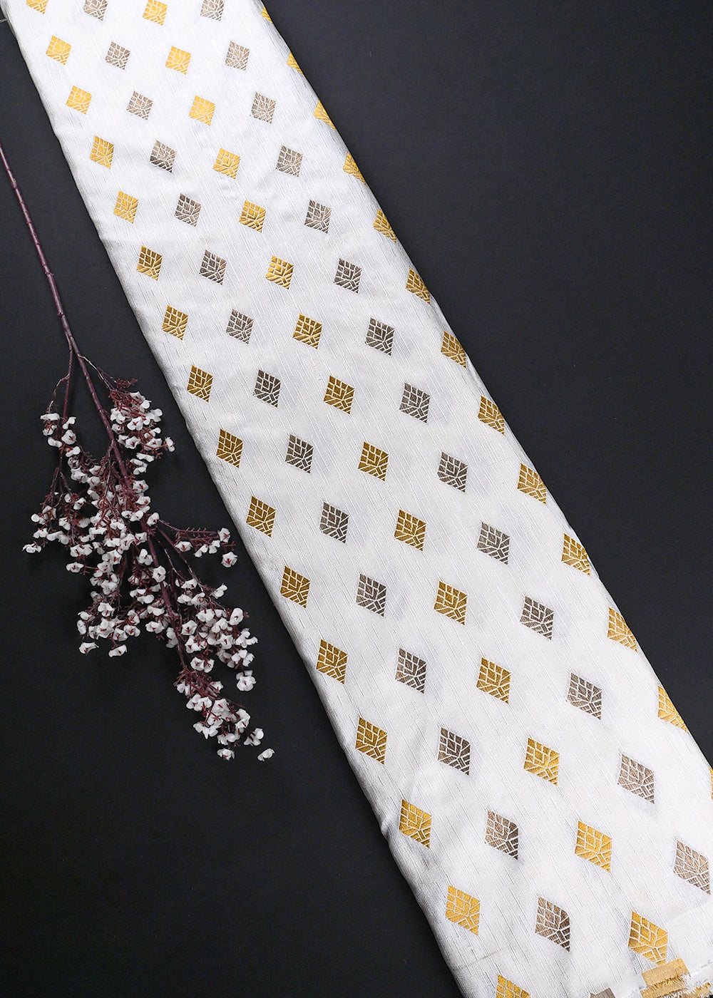 White Dyeable Dupion Silk Fabric With All Over Zari Handloom 26493