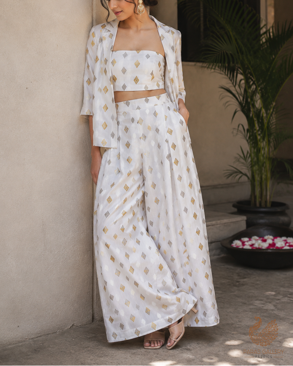 White Dyeable Dupion Silk Fabric With All Over Zari Handloom 26493
