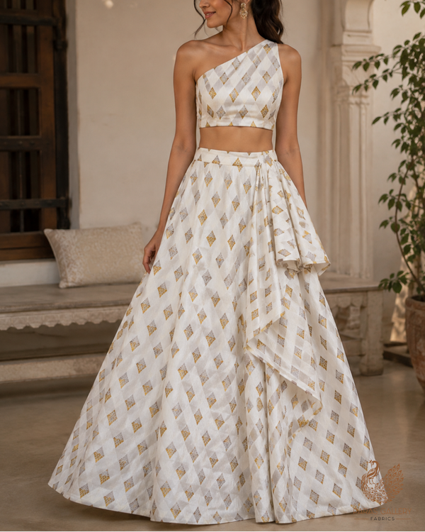 White Dyeable Dupion Silk Fabric With All Over Zari Handloom 26493