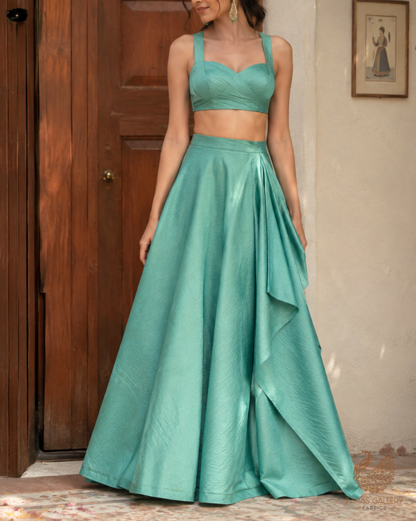 Aqua Blue Dupion Silk Fabric With All Over Self Work 26495
