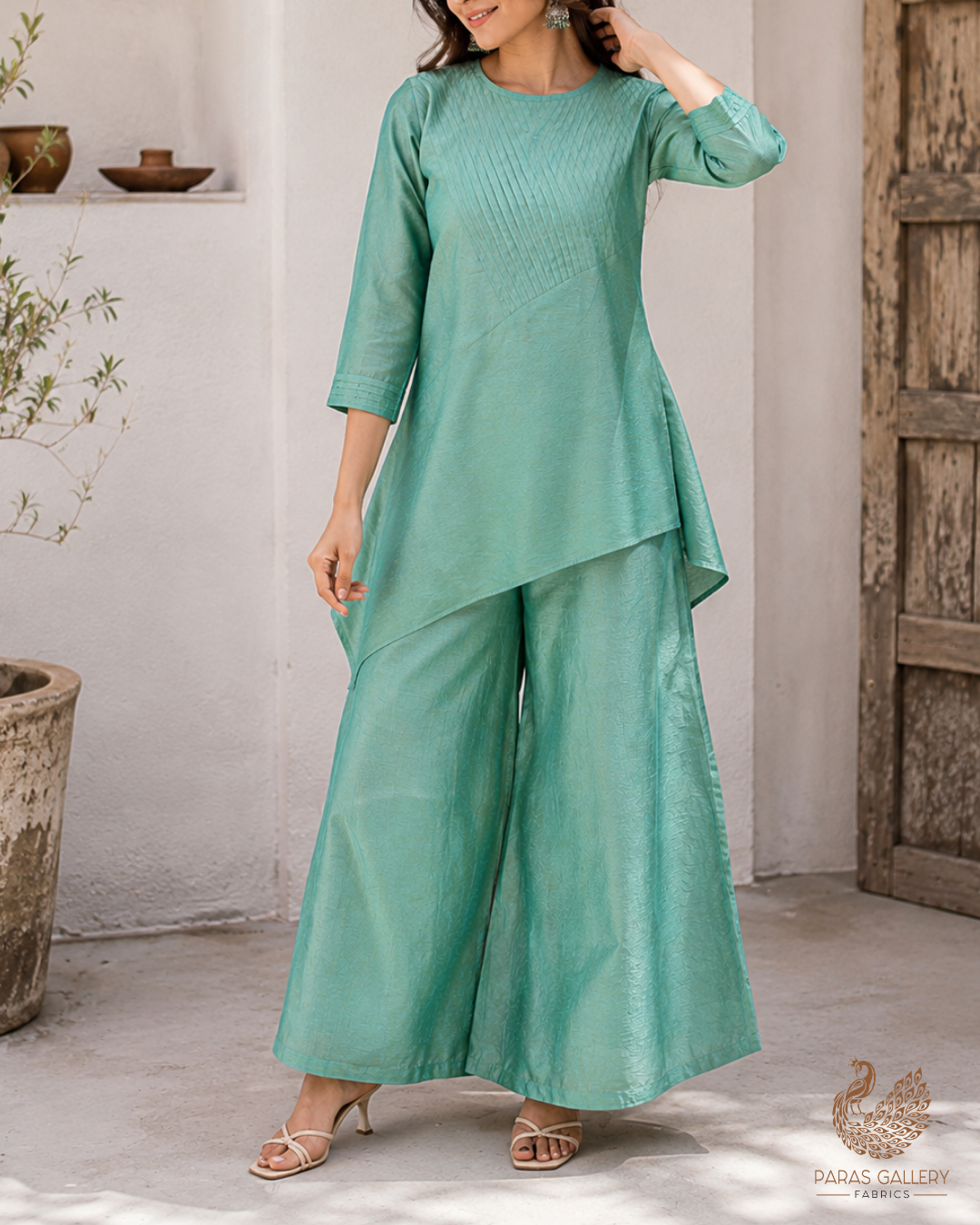 Aqua Blue Dupion Silk Fabric With All Over Self Work 26495