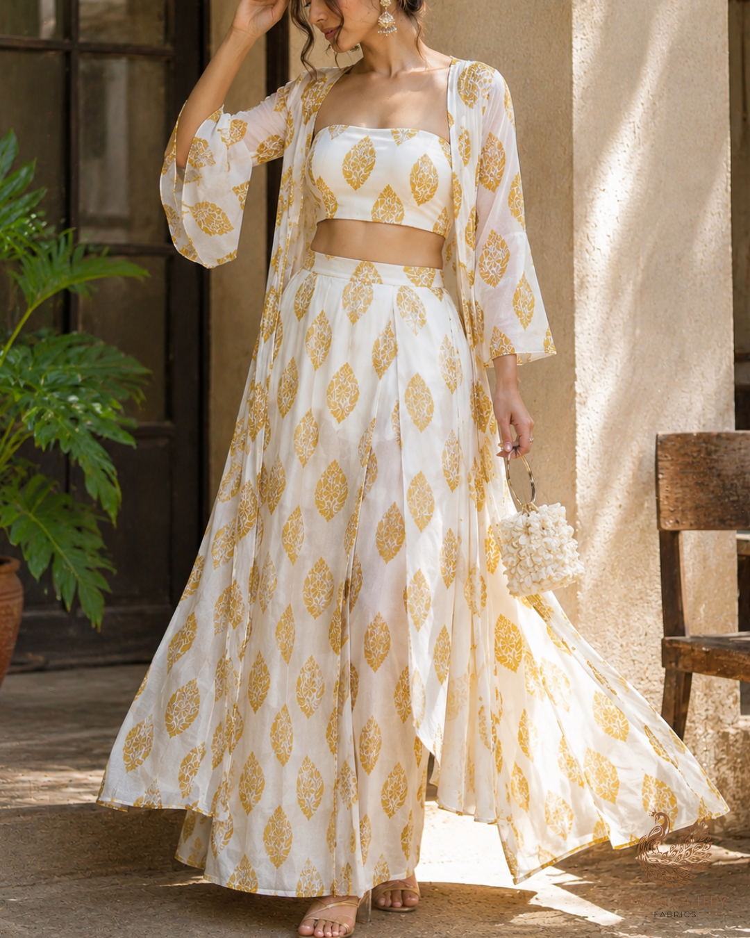 White Dyeable Pure Georgette Fabric With All Over Golden Zari Handloom 26496