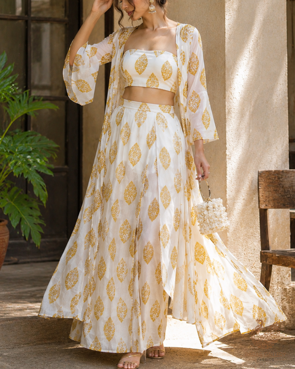 White Dyeable Pure Georgette Fabric With All Over Golden Zari Handloom 26496