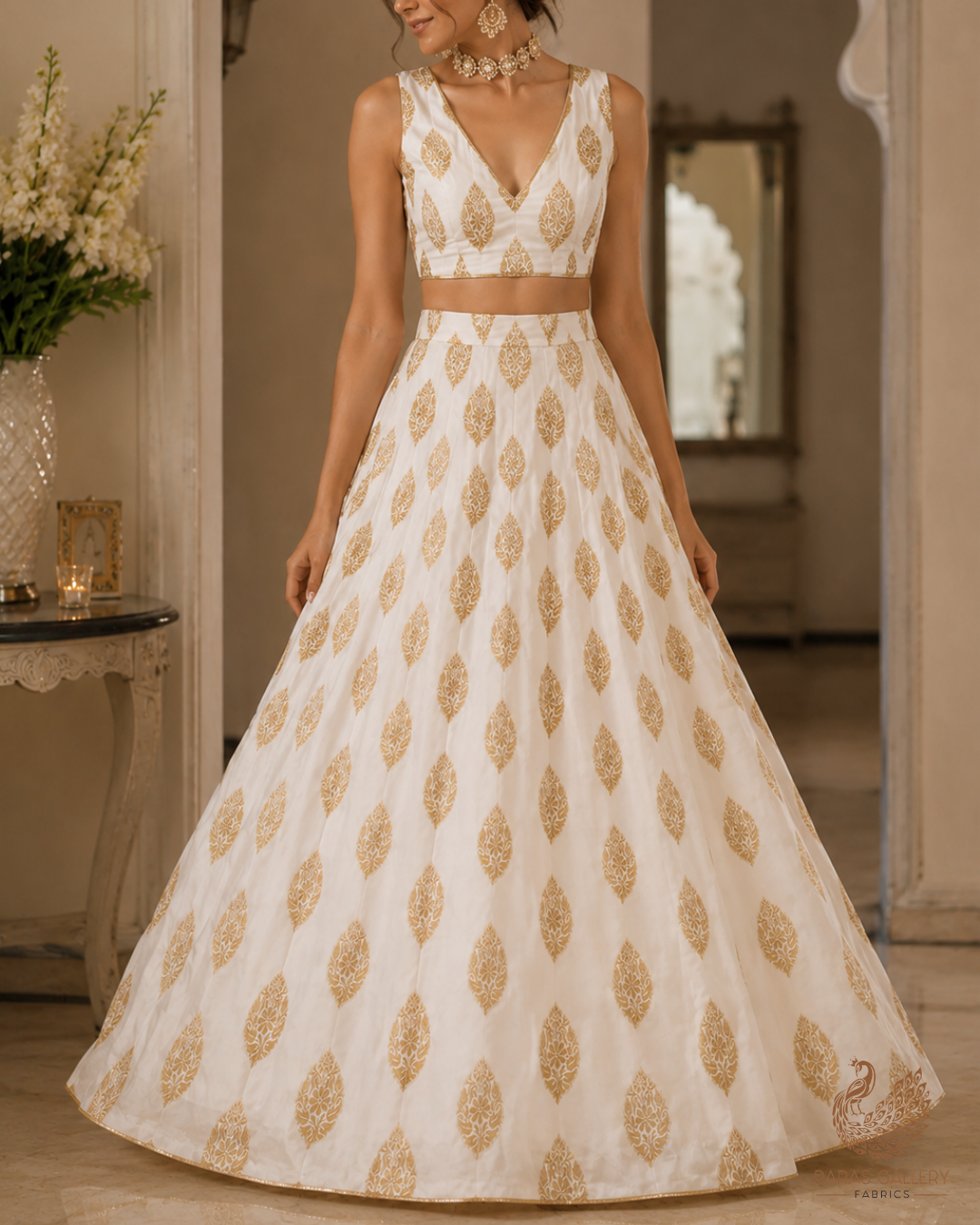 White Dyeable Pure Georgette Fabric With All Over Golden Zari Handloom 26496