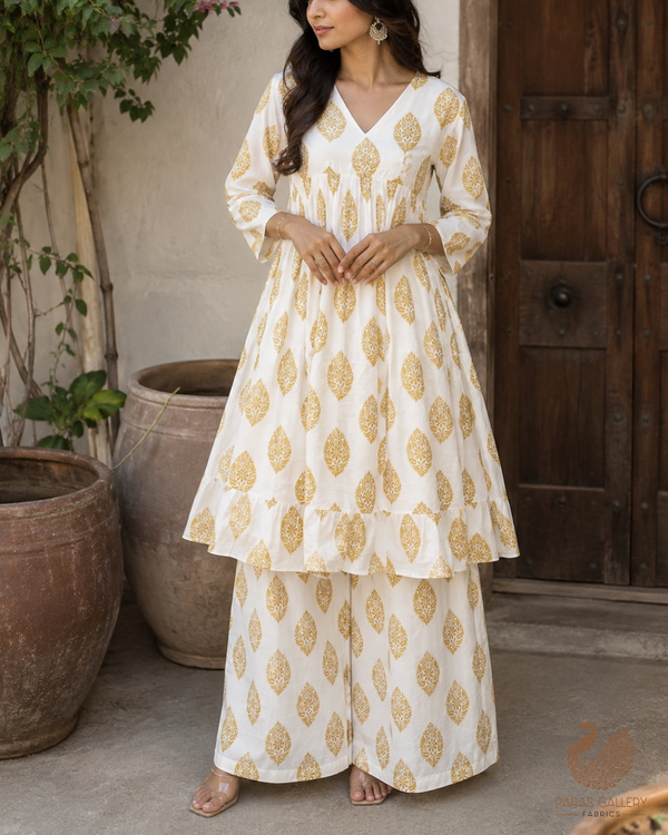 White Dyeable Pure Georgette Fabric With All Over Golden Zari Handloom 26496