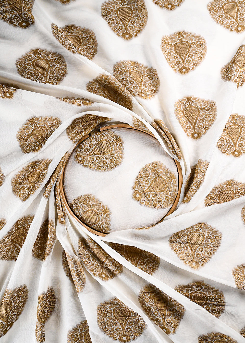 White Dyeable Pure Georgette Fabric With All Over Golden Zari Handloom 26497