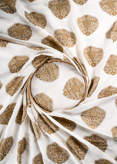 White Dyeable Pure Georgette Fabric With All Over Golden Zari Handloom 26497