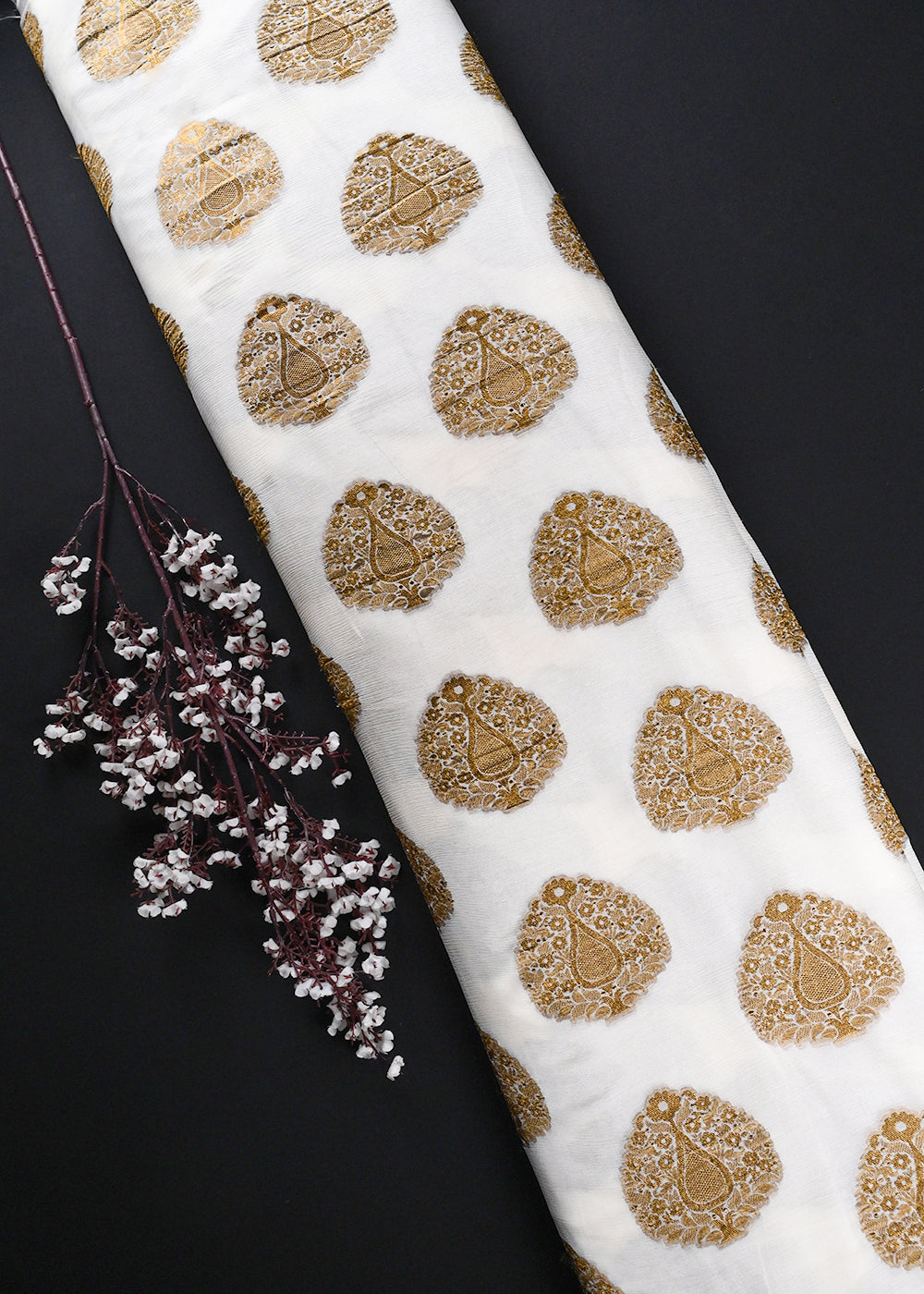 White Dyeable Pure Georgette Fabric With All Over Golden Zari Handloom 26497