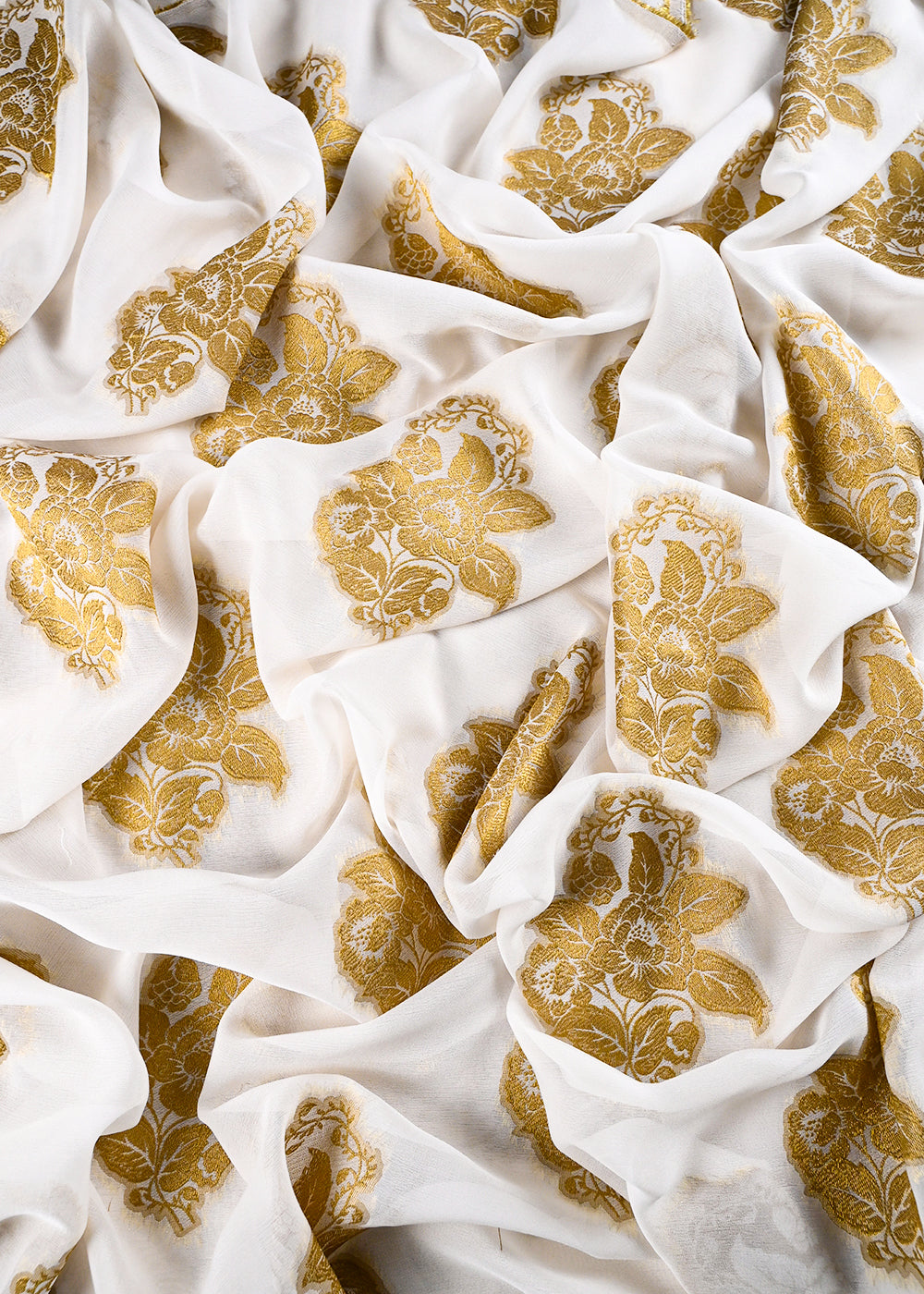 White Dyeable Pure Georgette Fabric With All Over Golden Zari Handloom 26498