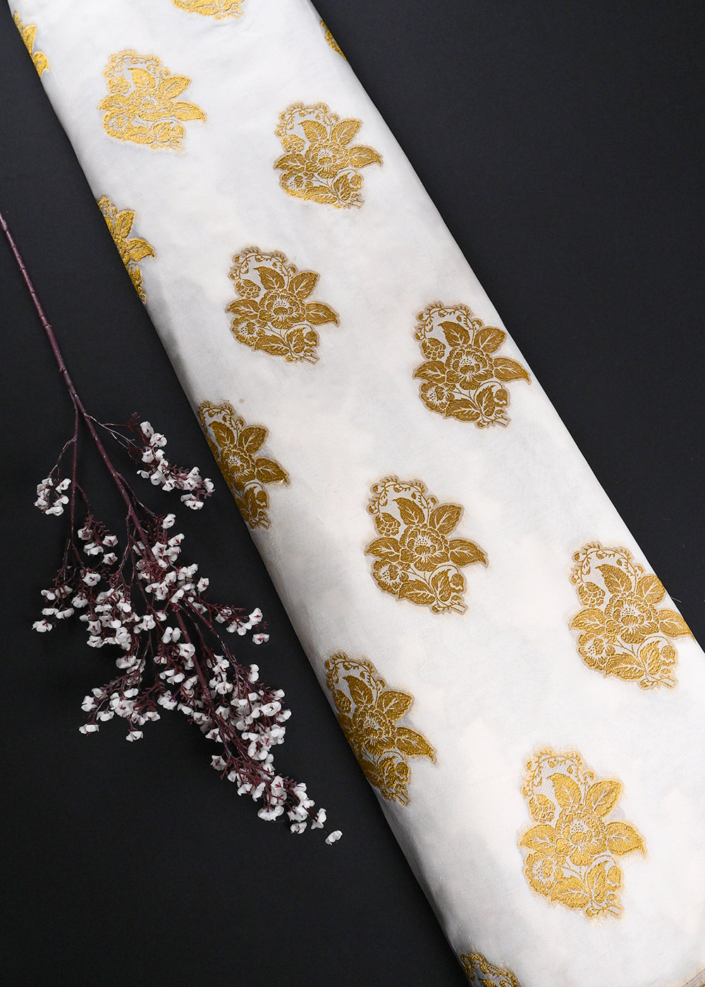 White Dyeable Pure Georgette Fabric With All Over Golden Zari Handloom 26498