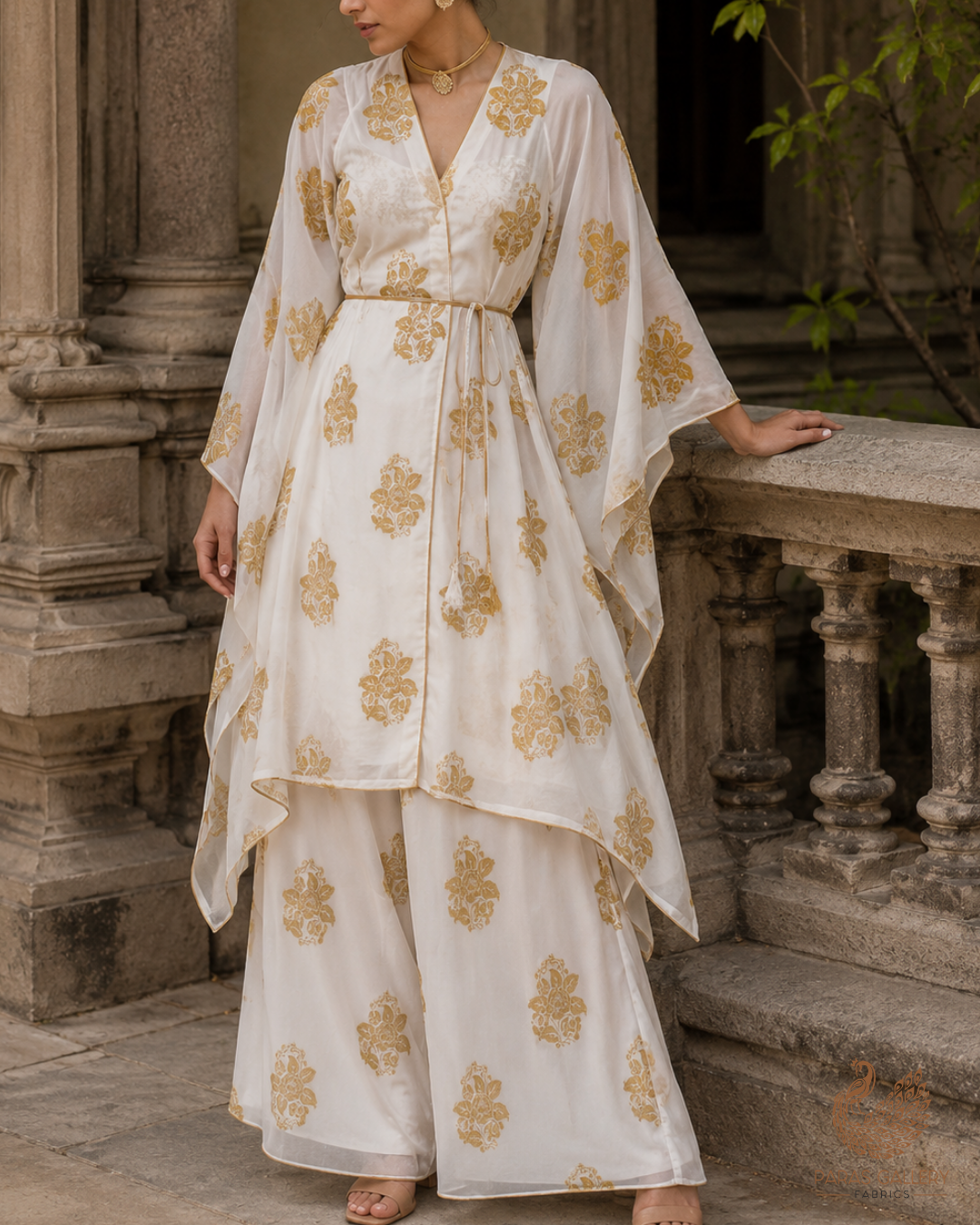White Dyeable Pure Georgette Fabric With All Over Golden Zari Handloom 26498