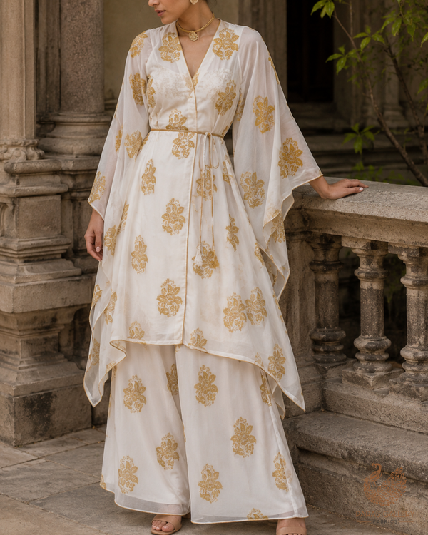White Dyeable Pure Georgette Fabric With All Over Golden Zari Handloom 26498