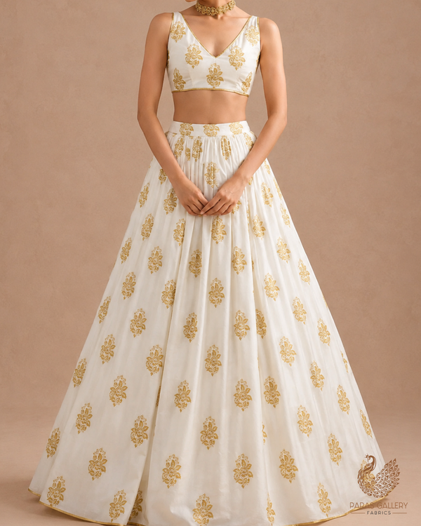 White Dyeable Pure Georgette Fabric With All Over Golden Zari Handloom 26498