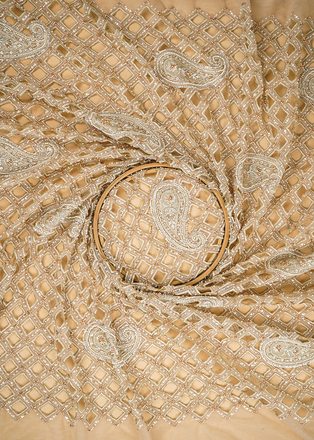 (Pre Cut 2.1 MTR) Golden Net Fabric With All Over Sequins, Katdana And Cutwork 26499
