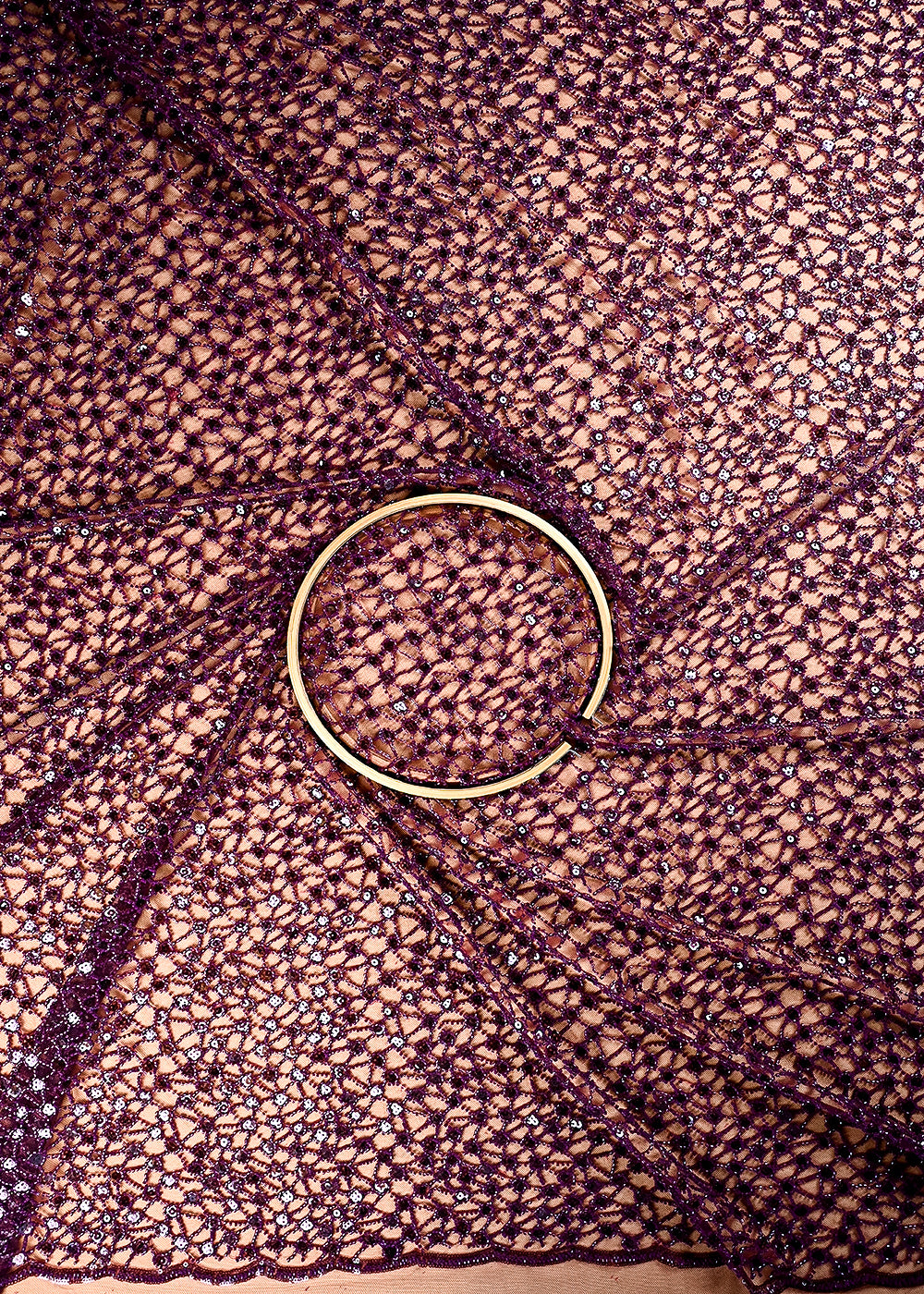 (Pre Cut 1.6 MTR) Wine Net Fabric With All Over Sequins And Katdana Work 26501