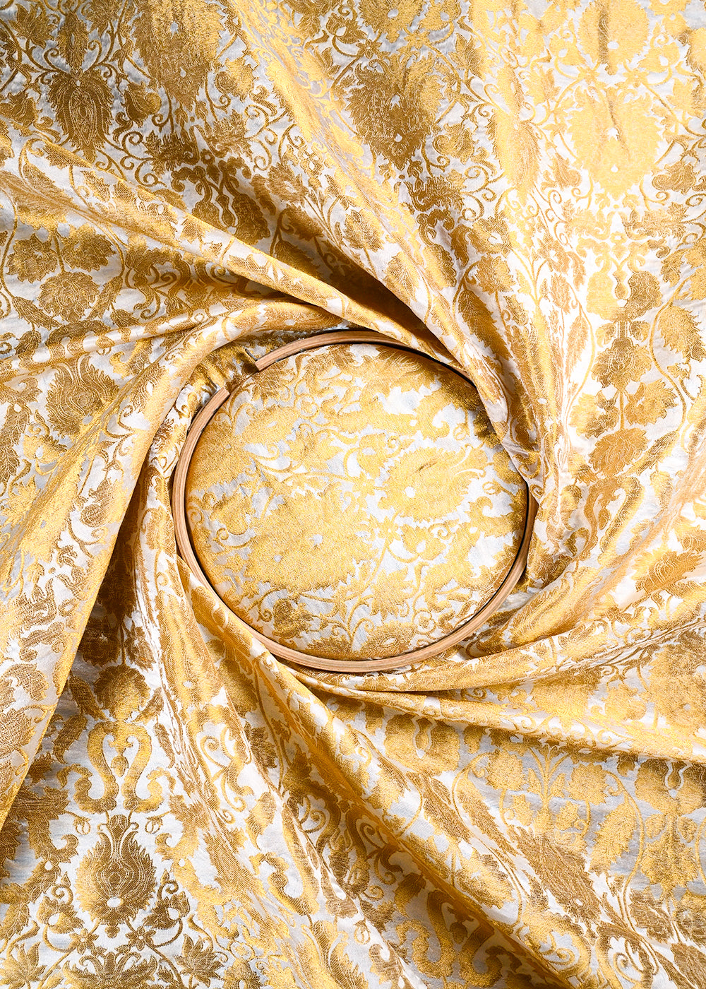 White Dyeable Silk Fabric With All Over Golden Zari Handloom 26504