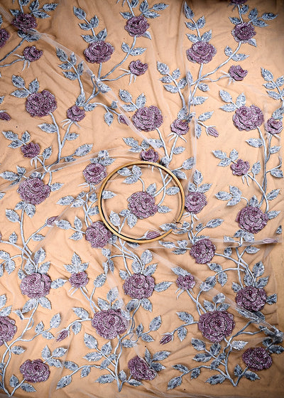 (Pre Cut 0.85 MTR) Onion Net Fabric With All Over Sequins, Katdana And 3D Work 26507